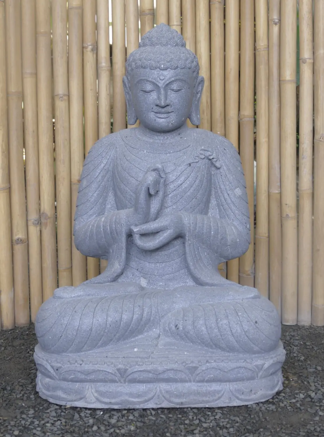  Product image 2 of the product “Seated Buddha, position Dharmachakra, 67 x 47,5 x 98 cm, riverstone grey ”